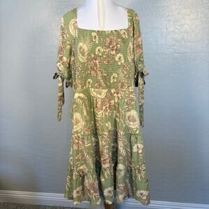 Agua Bendita 3X Sage Floral Dress Smocked Cottagecore Romantic Boho Fairy